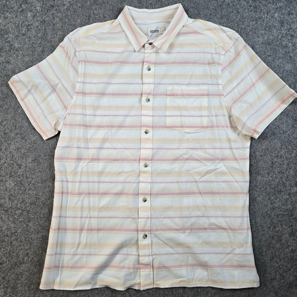Fair Harbor Button Up Shirt‎ Men's L Striped Sunset Short Sleeve Tropical Beach